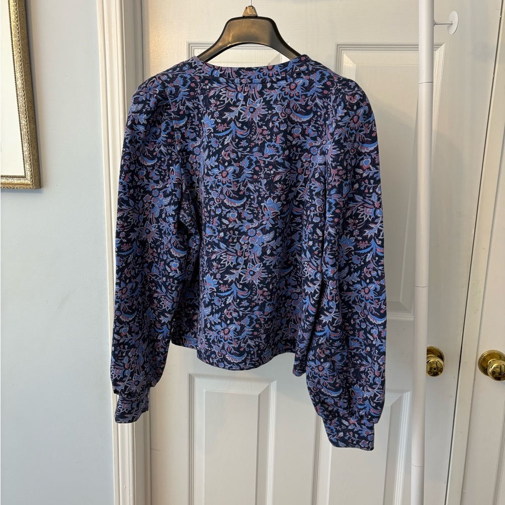 Masion D’Amelie Floral Print Blue Crewneck Puff Sleeves Sweatshirt Medium - Picture 9 of 12